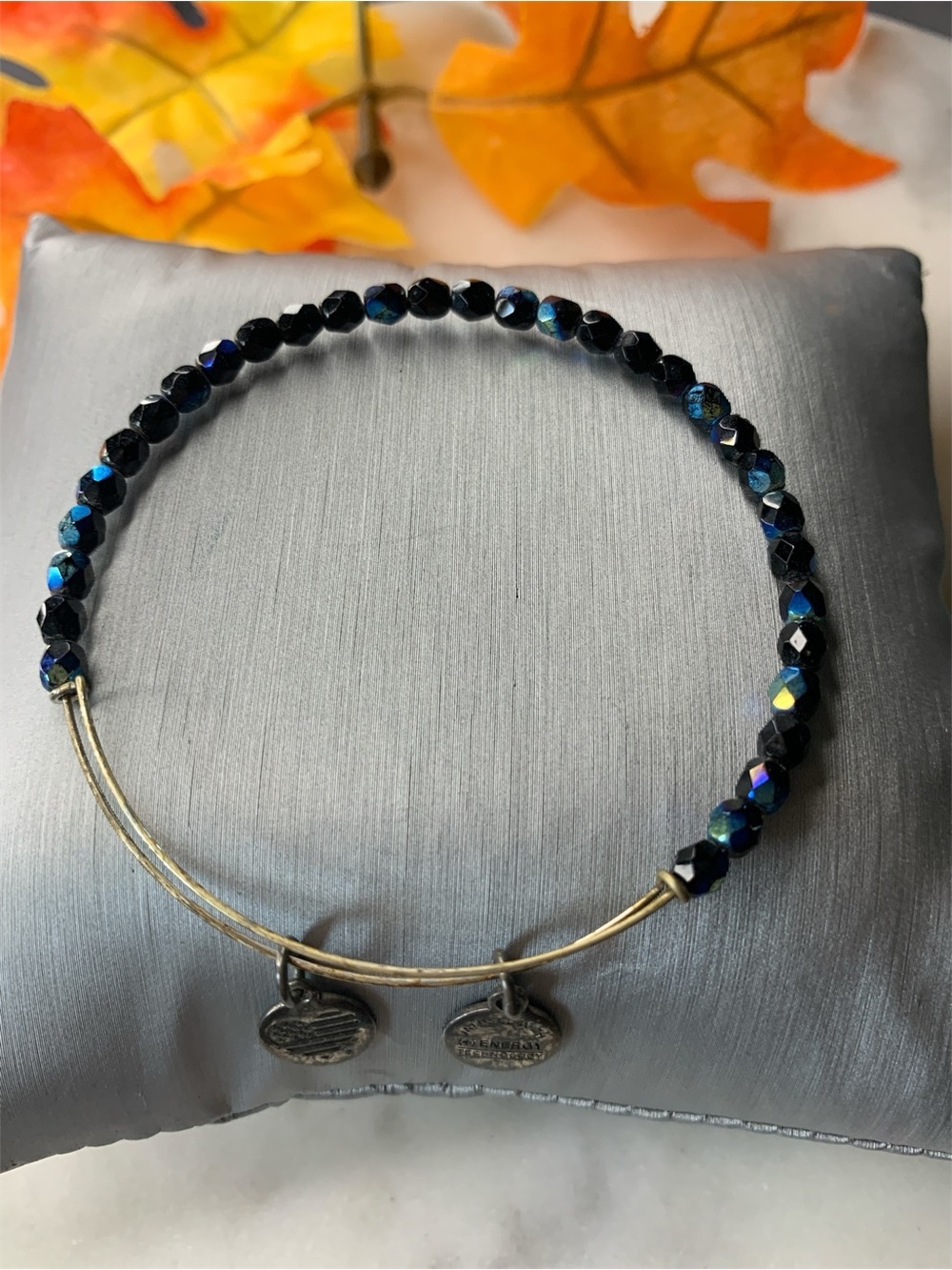 Alex and Ani Black and Blue Iridescent Beaded Bangle Bracelet